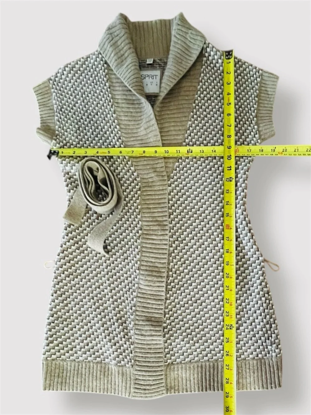 Esprit Y2K Short Sleeve Belted Cardigan Geometric Taupe Cream Black Size S - Picture 11 of 13